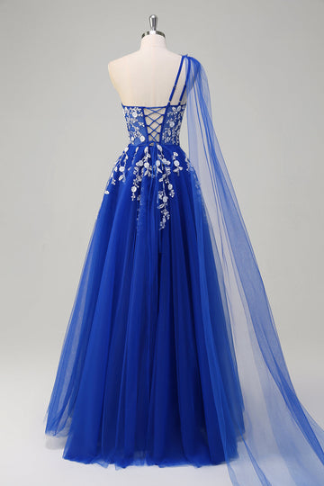 Royal Blue A-linje One Shoulder Watteau Train Appliqued Prom Klänning med Snörning Upp Tillbaka